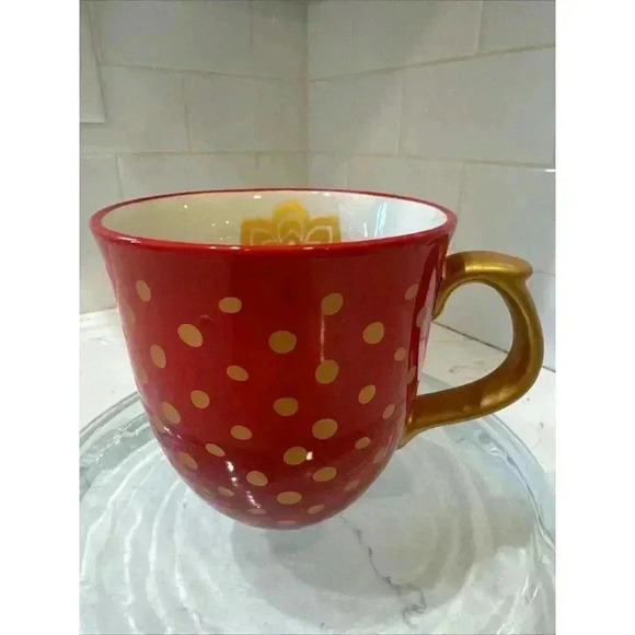 The Pioneer Woman Collection Red Gold Polka Dotted Stoneware Mug Ornate Handle - Picture 1 of 10